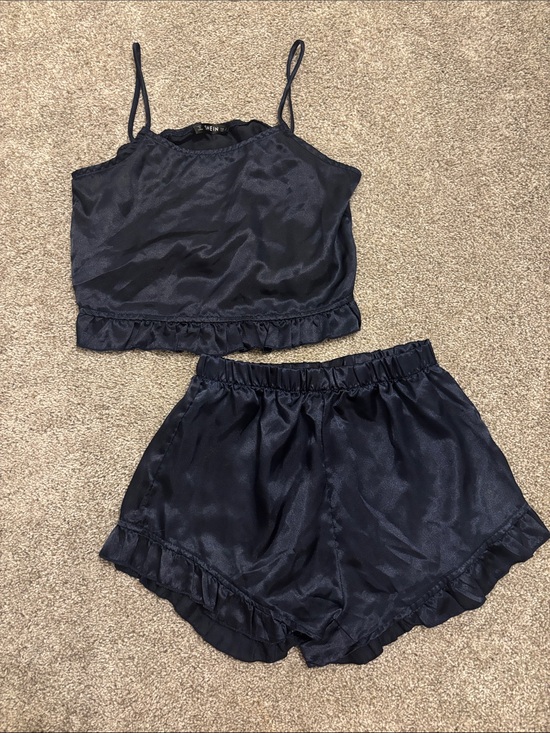 SHEIN Other - Navy Satin Ruffle Cami & Short Pajama Set